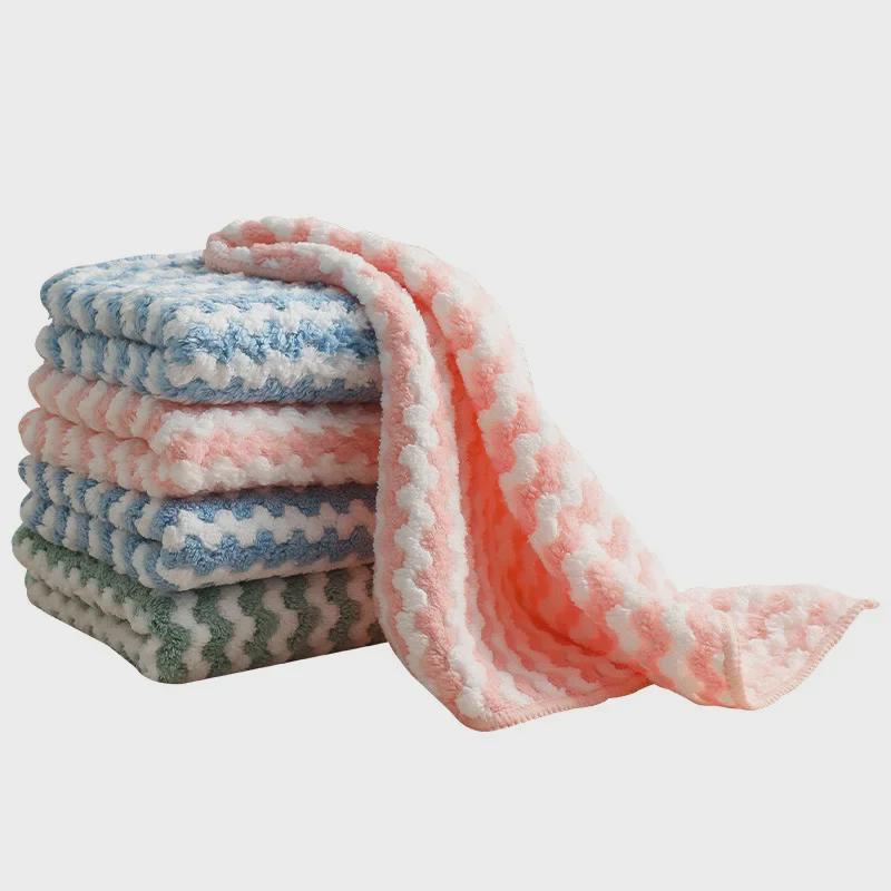 Thick Striped Coral Fleece Kitchen Towels - Absorbent, Degreasing Dish Cloths
