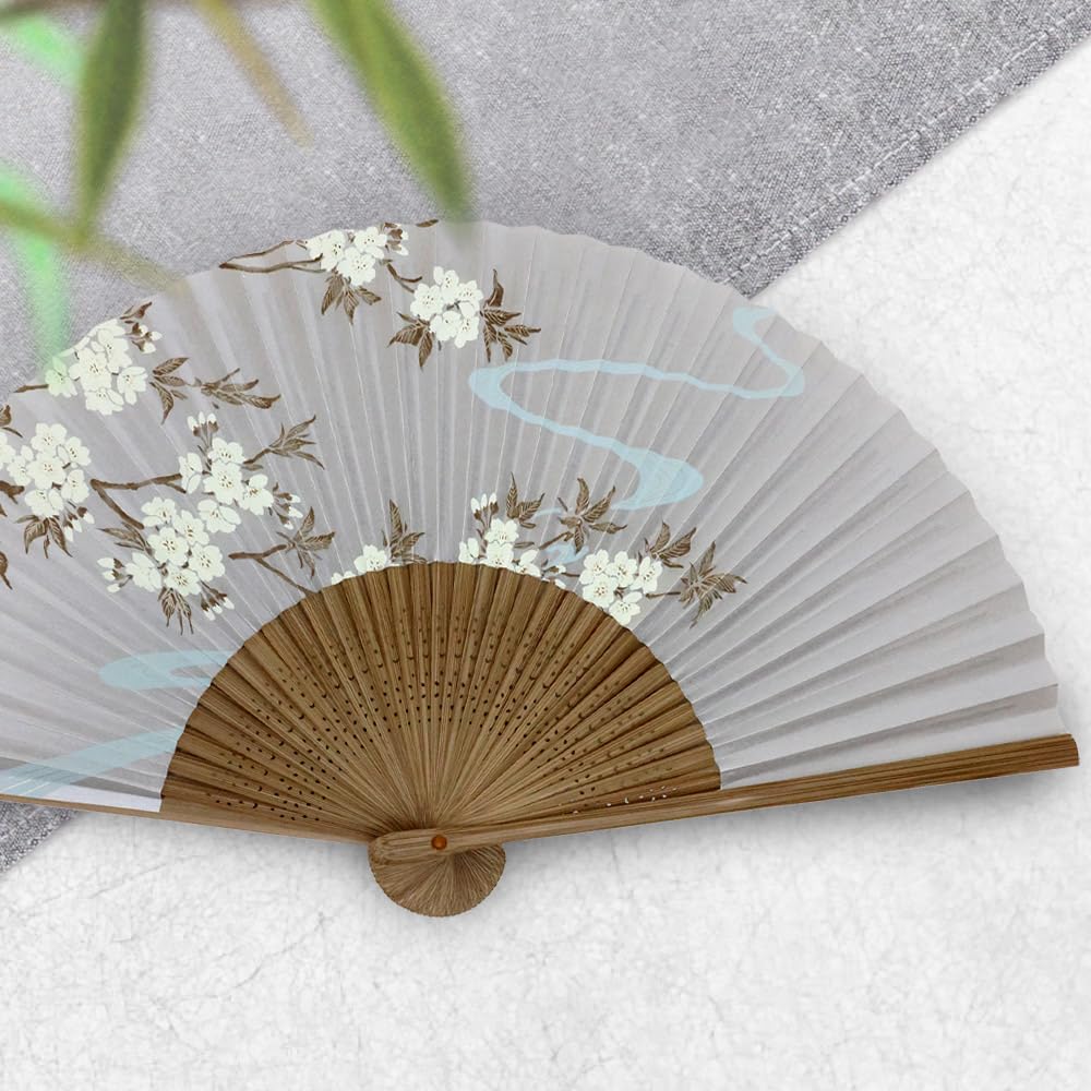 [Osaka Choseido] Damski wachlarz papierowy, stylowy i uroczy, w stylu japońskim, idealny na festiwale, w pudełku, z motywem sakury i płynącej wody