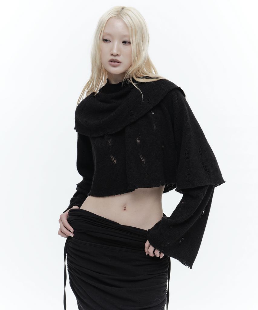 WET TAG Double Layer Damaged Crop Knit Black