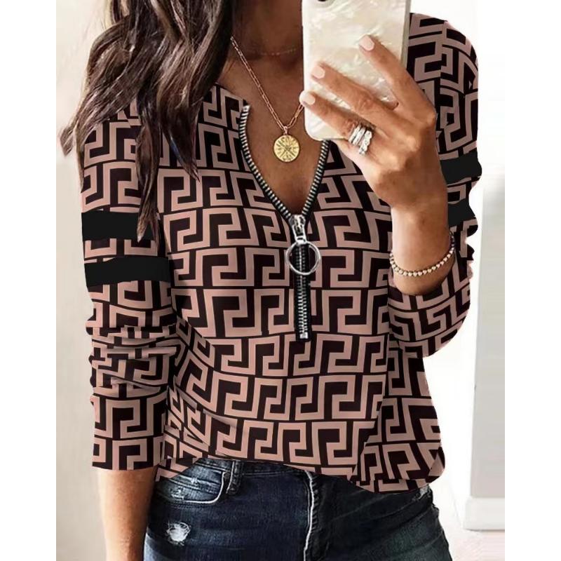 Camicia Casual Lunga da Donna Estiva Nuova con Collo a Revers Stampa Geometrica Retrò Top Elegante da Donna Top da Donna per Pendolari