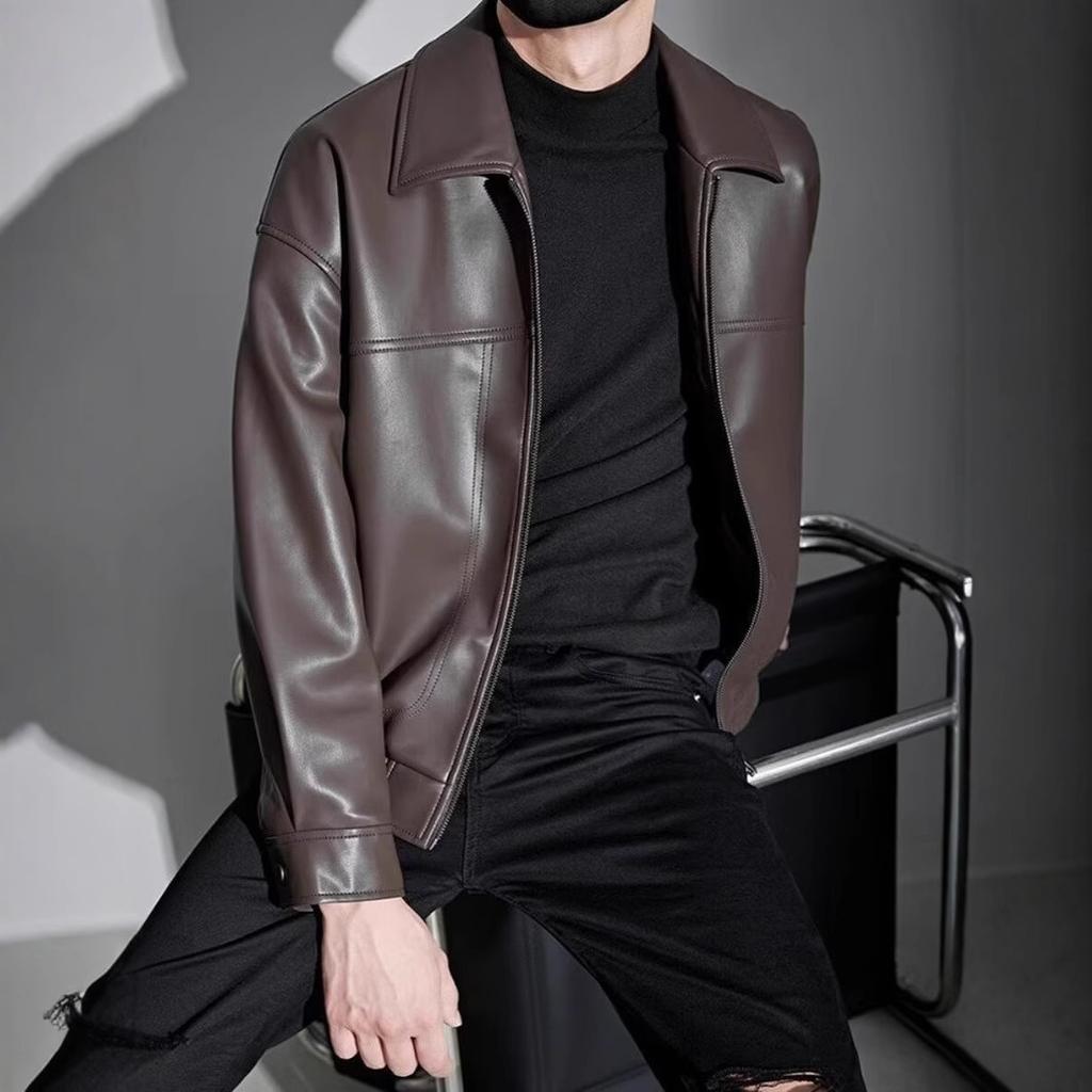 Spring and Autumn New Ruffian Handsome Lapel Leather Jacket Men's Trendy Casual Versatile Leather Jacket