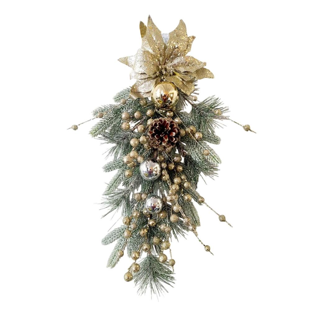 Christmas Teardrop Swag Wreath Green Leaves Christmas Decoration for Front Door for Home Fireplace Holiday Party Garden
