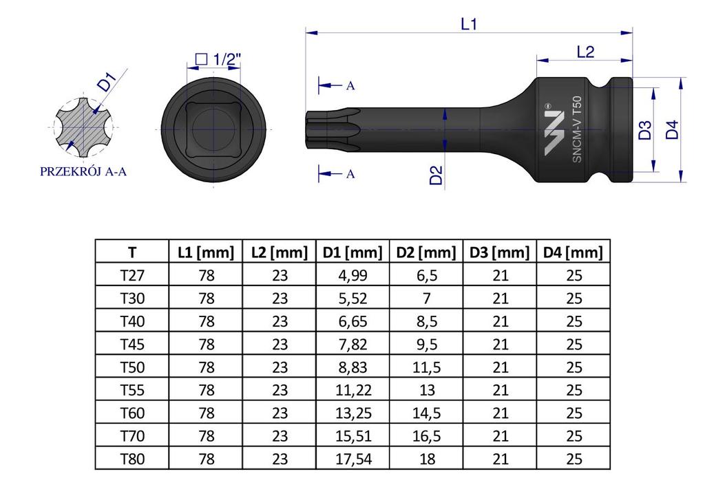 Zestaw Nasadek Udarowych 1/2 Typu Star Torx 9 El. Ze Stali Crmo, Waryński