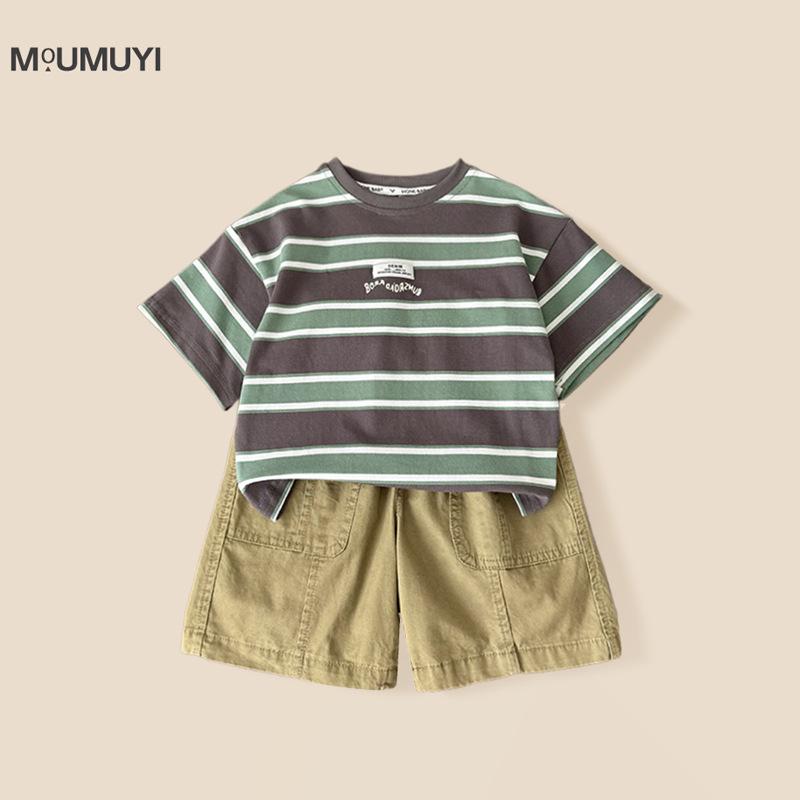 2025 Summer Boys' Pure Cotton Striped T-Shirt Set - Short & Half Sleeve Options