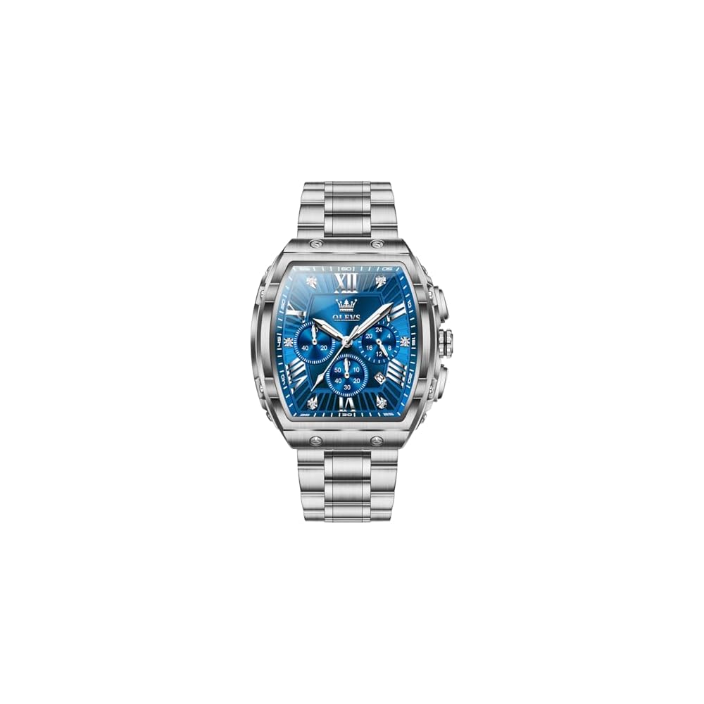 Olevs Men s Silver Analog Quartz Watch Waterproof Casual Chronograph with Blue Dial