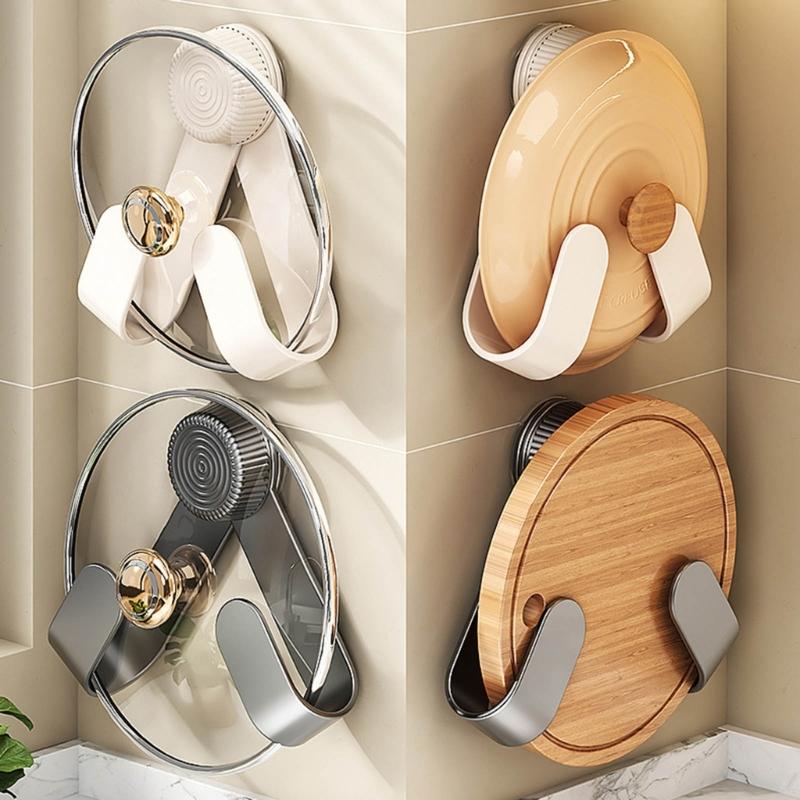 360 Degree Swivels Suction Cup Lid Rack Wall Mounted Kitchen Storage For Pots Pans Cutting Boards Easy Installation Carbon Steel Construction