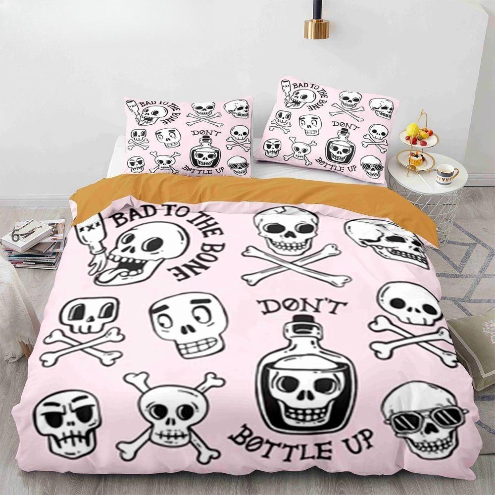 Sugar Skull King Queen Duvet Cover Funny Skeleton Halloween Bedding Set Gothic Spooky Bone Quilt Cover Polyester Comforter Cover