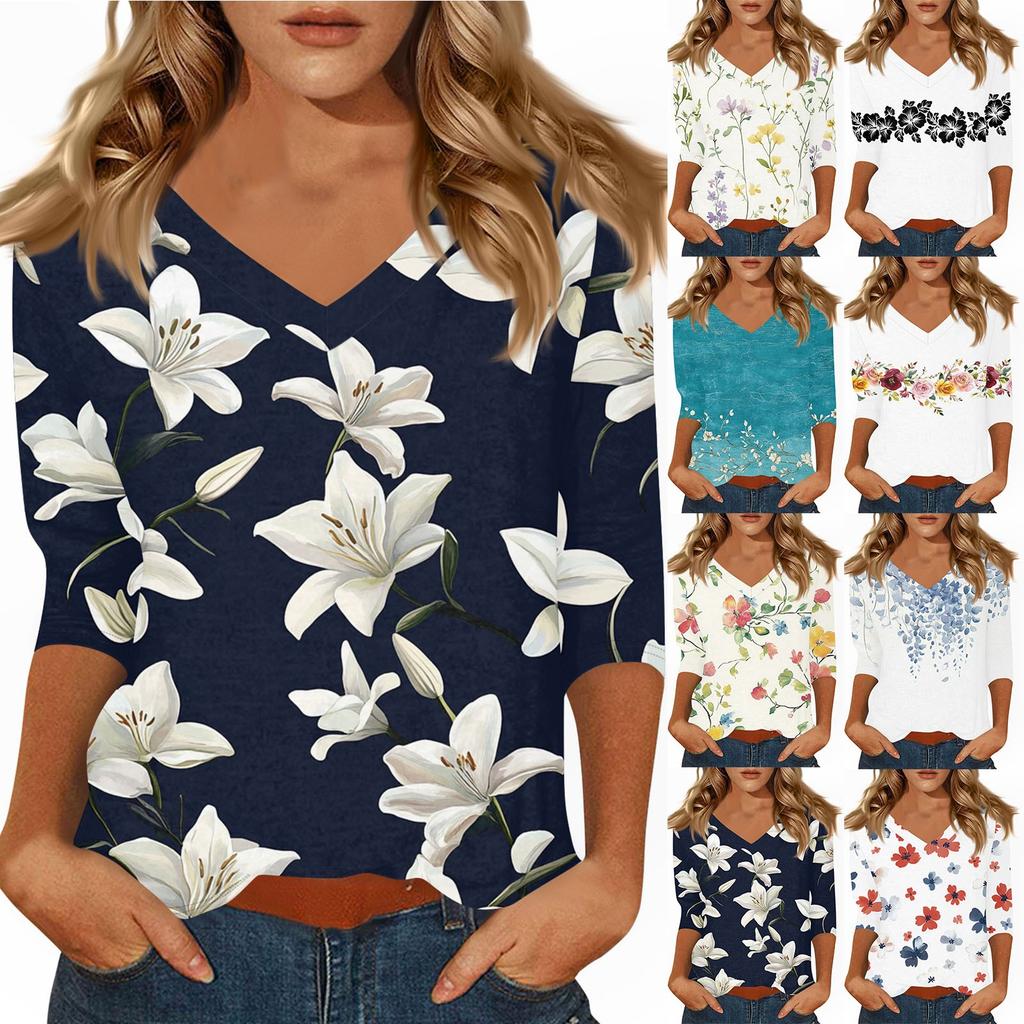 Women's Casual 3/4 Sleeve T-Shirts V-Neck Tops