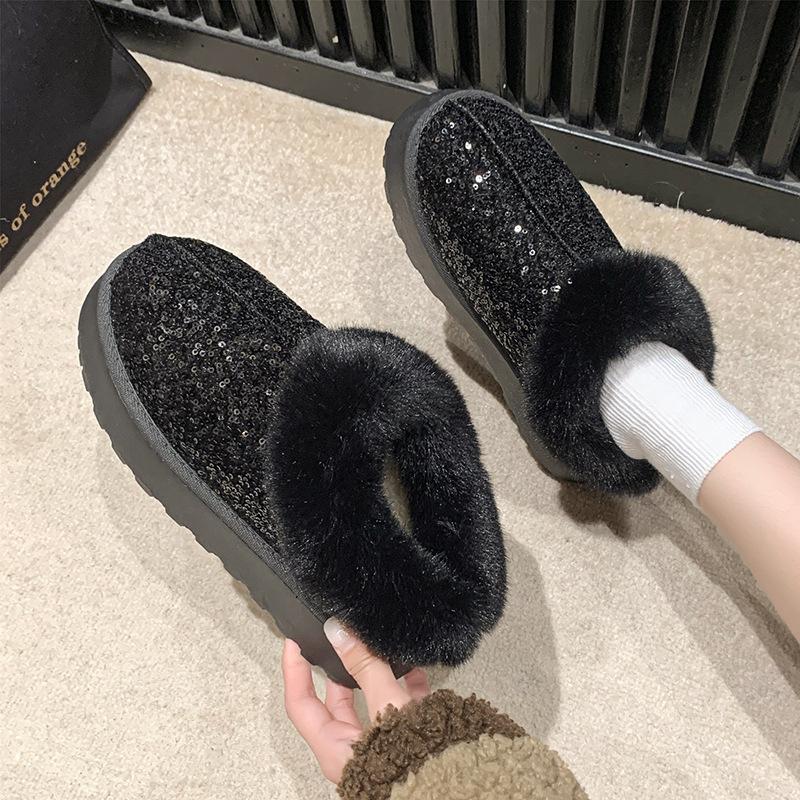 Women's Snow Boots for Autumn and Winter Large Size Thick Sole Sequins Thick Fur Mouth Thick and Warm Snow Boots for Women