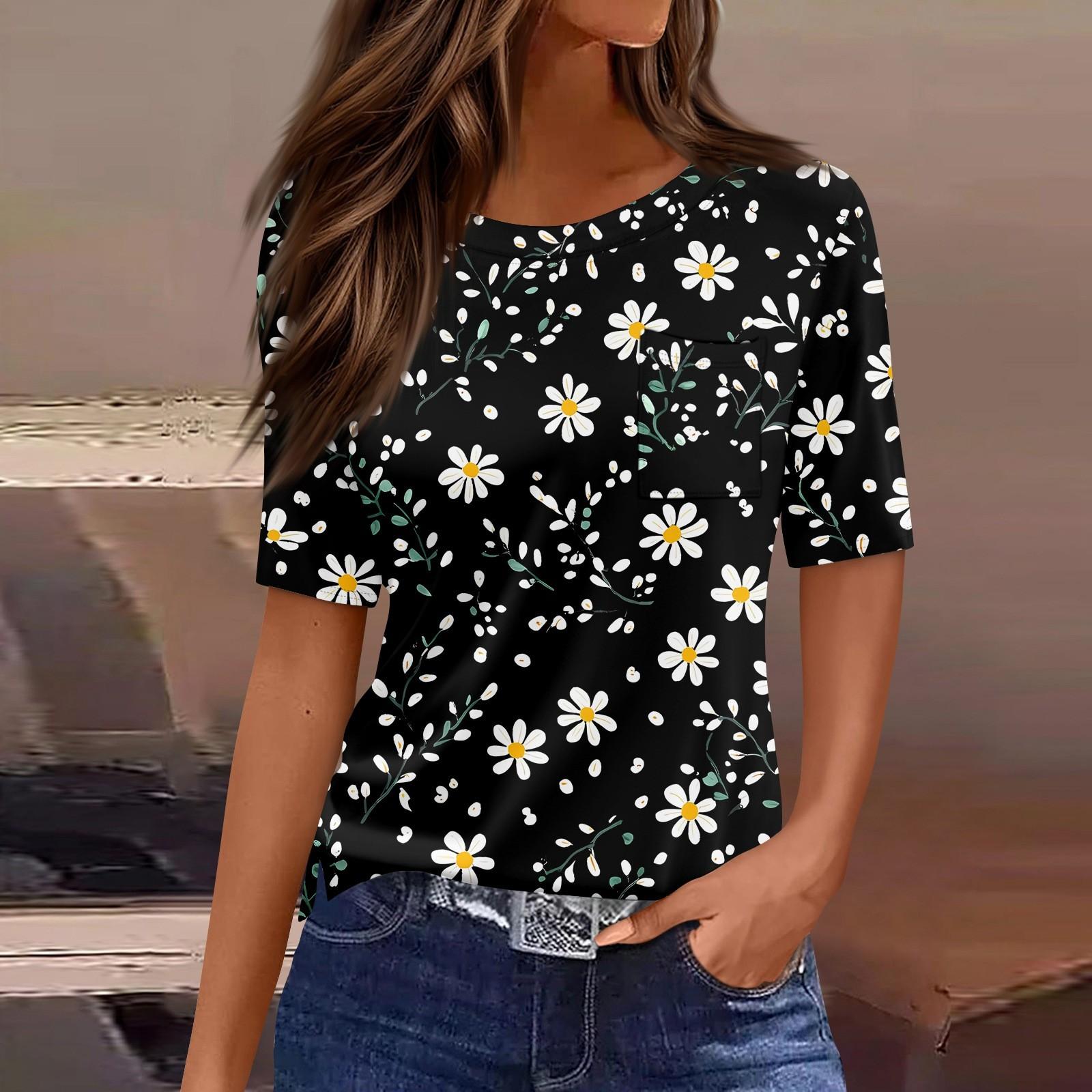 Футболки для женщин с круглым вырезом, нарядные повседневные блузки с принтом, короткие рукава, летние топы свободного кроя L чёрный