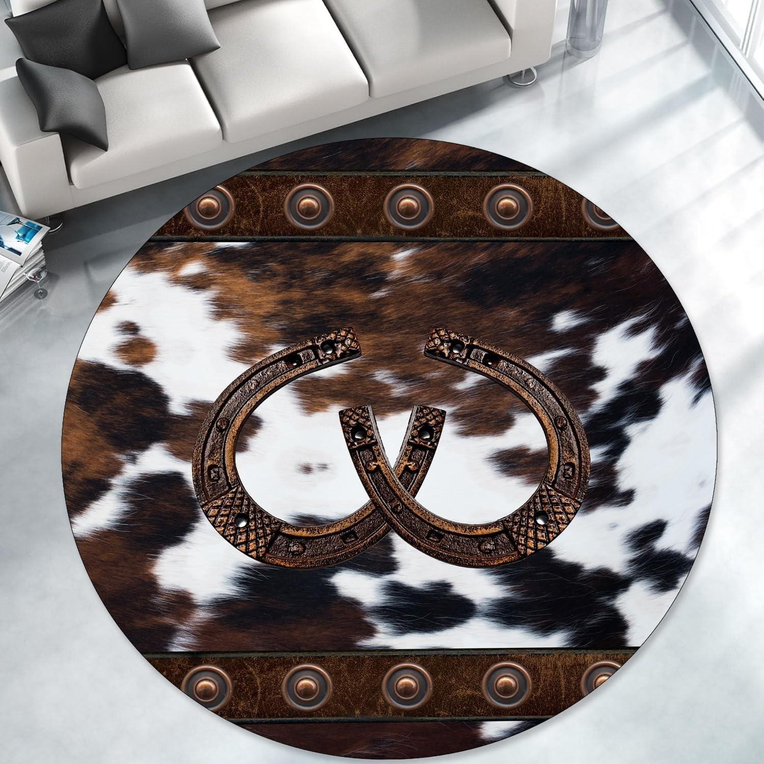 

Texas Star Area Rug Round Brown Western Country Rugs Retro Pentagonal Star Cowhide Carpet Non-Slip Western Rugs for Living Room 100cm