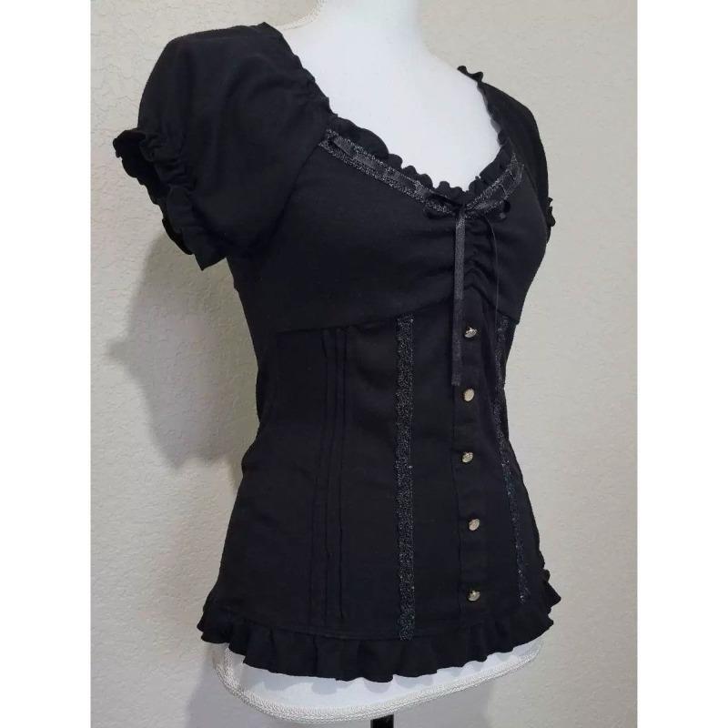 Vintage Black Fashion Bow Sweet Blouse Women Short Sleeve Square Neck Slim Chic Tops New Elegant Casual Y2K Retro Outfits 2025