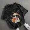 Women's Retro Tarot Black Cat T-shirt Retro Washed Casual T-shirt Mystery Cat Design Round Neck Short Sleeve Top Retro Style Top