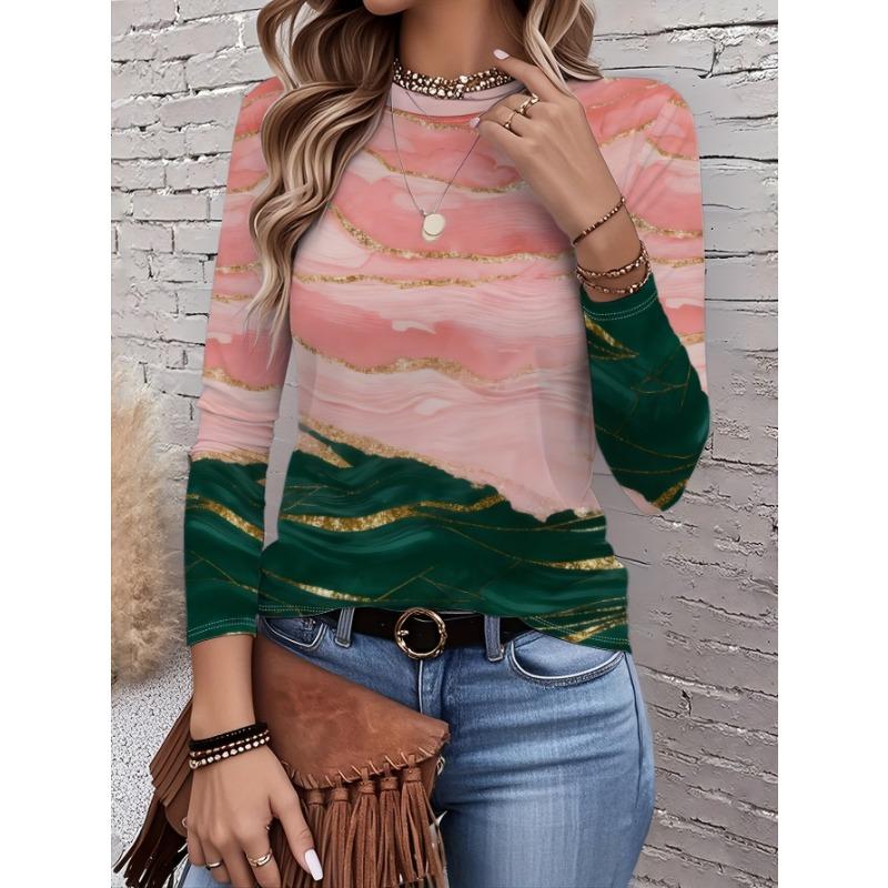 Women's Autumn Long-Sleeve T-Shirt, Marble Print, Street Style Casual Crew Neck Pullover, Loose Fit Outdoor T-Shirt