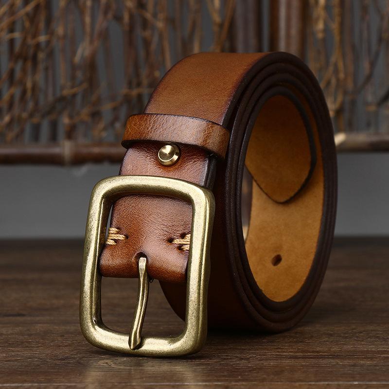 Men's Vintage Vegetable Tanned Leather Belt Brass Buckle Youth Belt Men's Casual All-Matching Trendy
