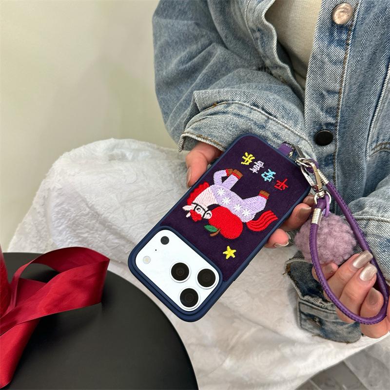 Velvet Embroidered Peaceful Joy Little Horse Phone Case for iPhone 14/15/16 Pro Max/17, High-End