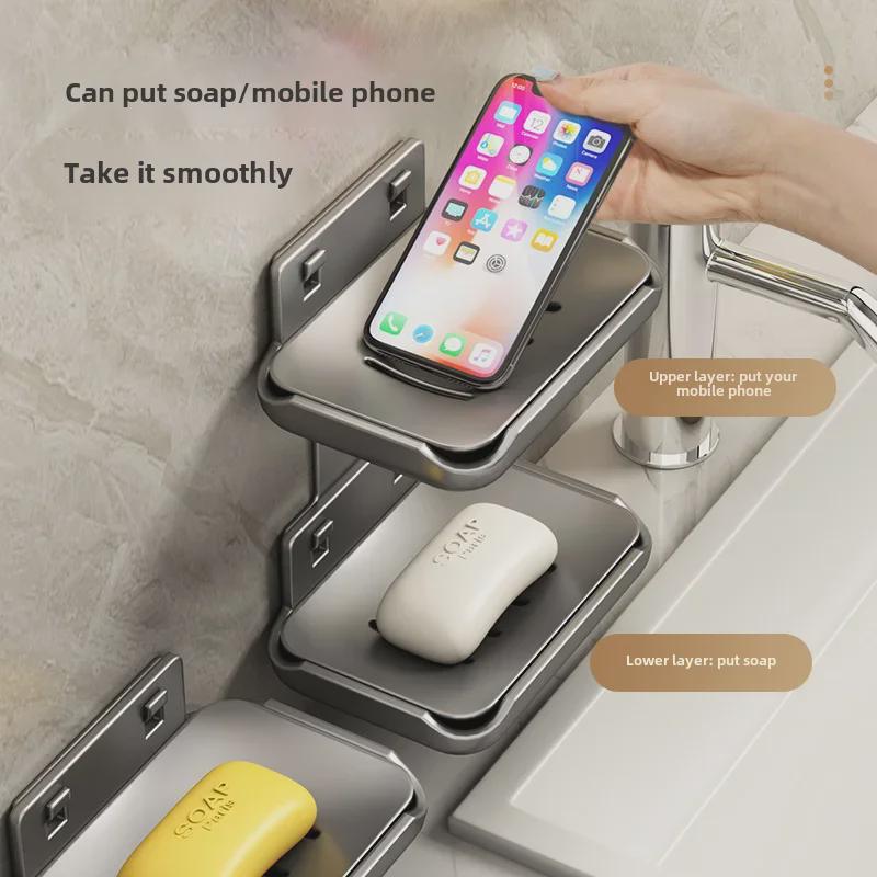 Punch-Free Wall-Mounted Soap Rack, Space-Saving Aluminum with Dual Drain Design