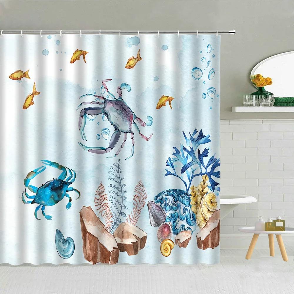 Fun Cartoon Sea Animal Shower Curtain, Sea Turtle Octopus Jellyfish Whale Crab Sea Life Landscape, Bathroom Shower Curtain Set