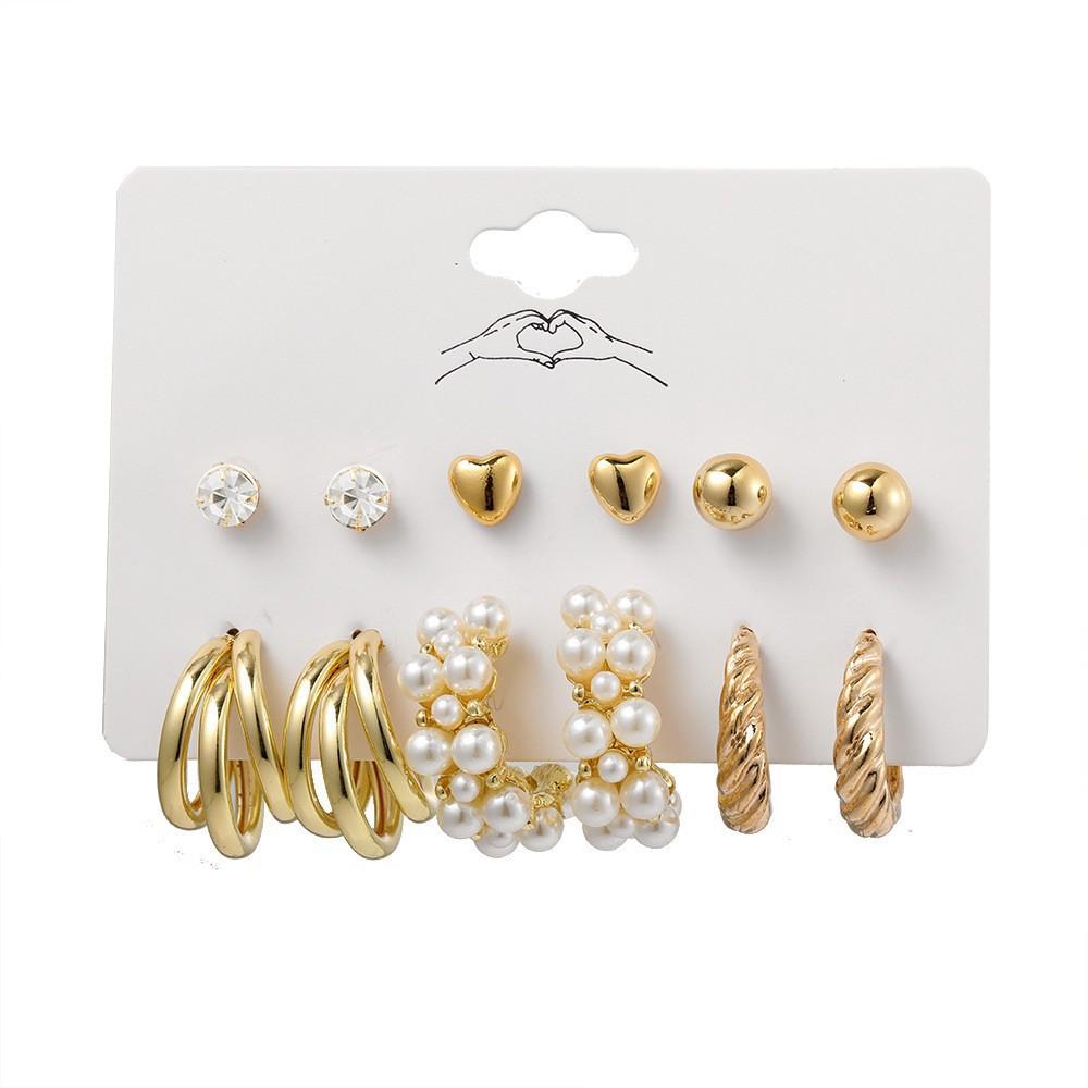Hot-selling Retro Exaggerated Women's Peach Heart Stud Earrings Twist Twisted Pearl Earrings 11-piece Set of Earrings