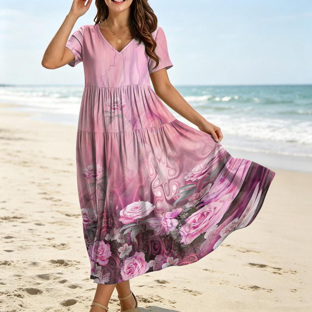 Frauen Casual Lose Bohemian Blumenkleid Kurzarm Lange Maxi Sommer Strand Swing Kleid