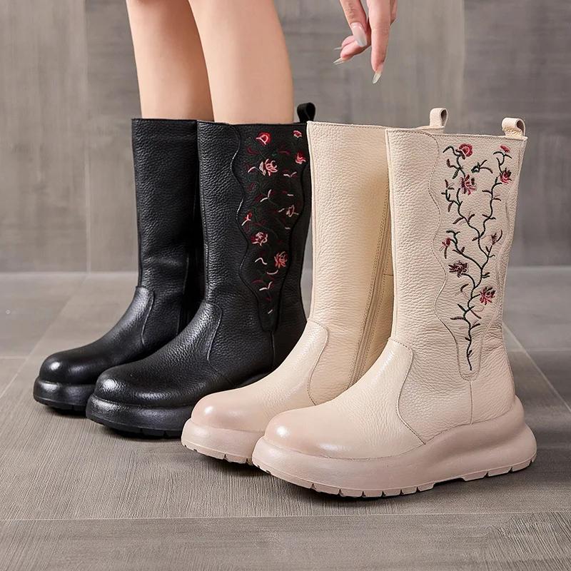 Fashion 5CM Luxury Design Women Mid Calf Boots Winter Thick Sole Wedges National Style Embroidery Warm Genuine Leather Long Boots