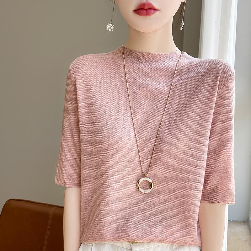 Summer New Half-neck Knitted T-shirt for Women, Loose and Comfortable, Versatile, Short-sleeved Summer Five-inch Sleeve Top