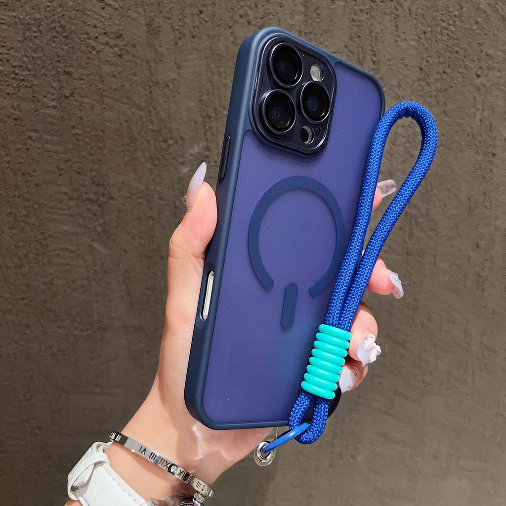 Przezroczyste Matowe Etui z Paskiem na Nadgarstek Magsafe dla iPhone 17 16 15 14 Plus 13 12 11 Pro Max Kontrastowy Sznurek Magnetyczna Osłona