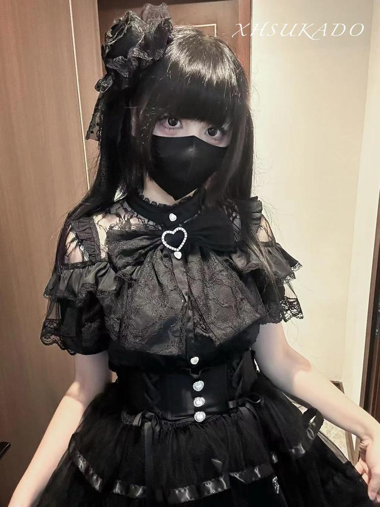 Open landmine lolita girly short XL [XHSUKADO] shoulder, style, blouse, women's, cute, stand-up collar, removable, ribbon, brooch, frills, lace,