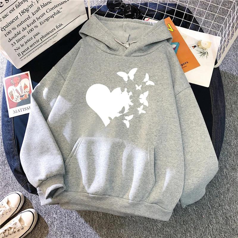 Heart Print Woman Hooded Sweatshirts Autumn Winter Daily Casual Sporty Hoodie Female Urban Fashion Warm Comfortable Hoody Coat