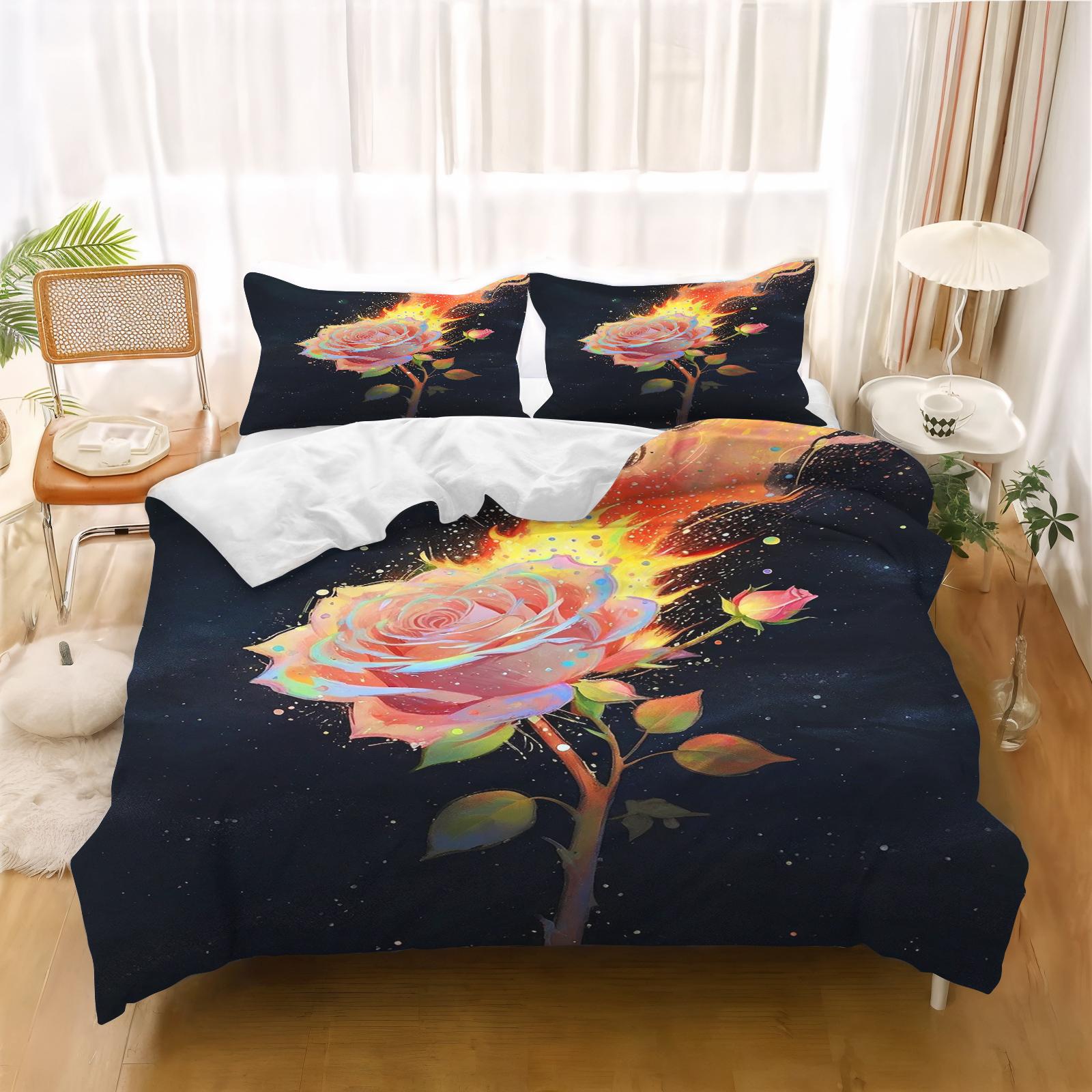 ROSE Quilt Cover 3D Printed Comforter Cartoon Duvet Skin-Friendly Breathable Warmth Bedding for Cozy Sleep 135x200cm
