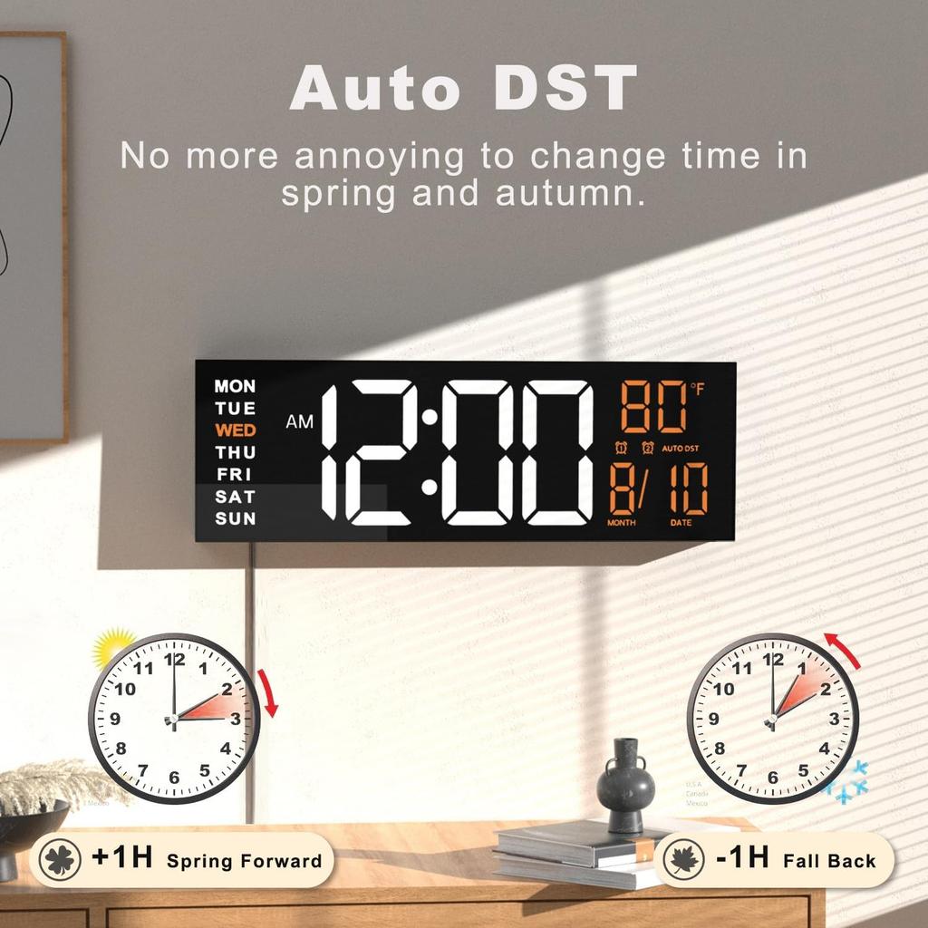 JALL 16" Large Digital Wall Mount Clock, Count Down Timer, Alarm, Big LED, RGB Color, DST, Temperature for Living Room Classroom Desk, Xmas, Birthday