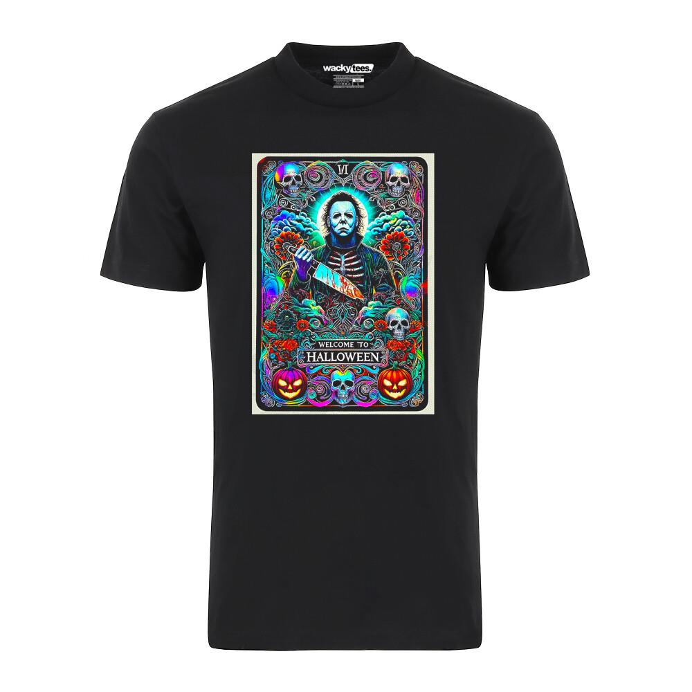 

Welcome To Halloween Michael Myers Tarot Card Terror Horror Graphic Tee Shirt XL