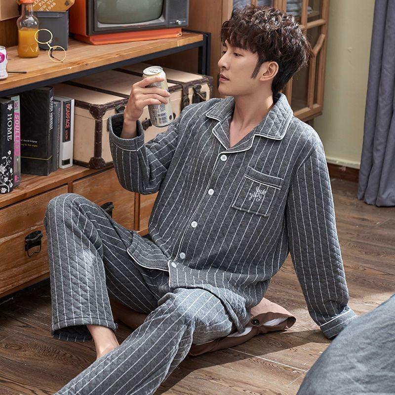 New Men Pajamas Autumn Winter Cotton Long-sleeved Loungewear Cotton Padded Plus Homewear Plus Plus Plus Size Sleepwear Suit