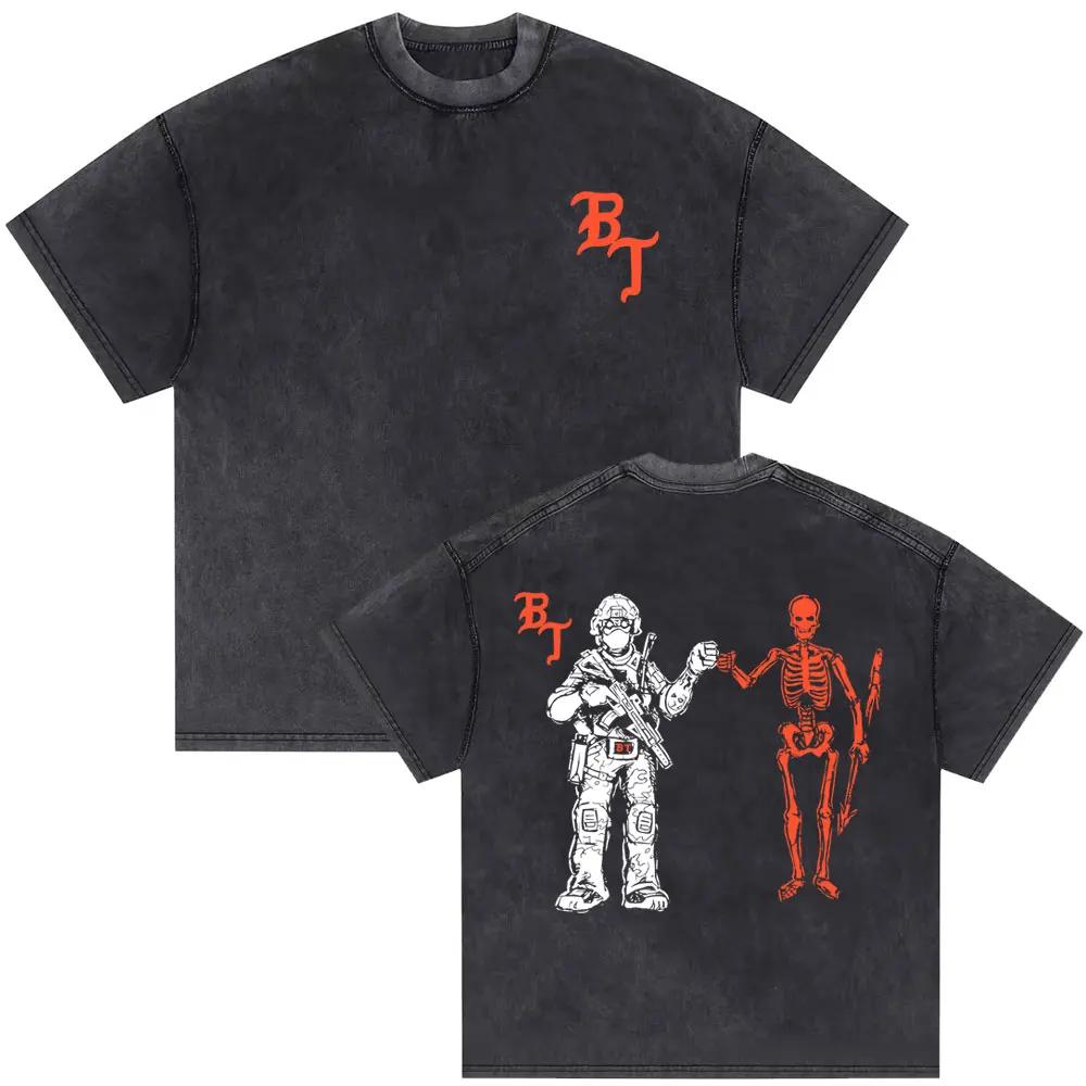 

Ретро Скелет крутой и крутой узор футболка Выстиранная и состаренная Мужская и Женская повседневная свободная футболка уличная одежда M