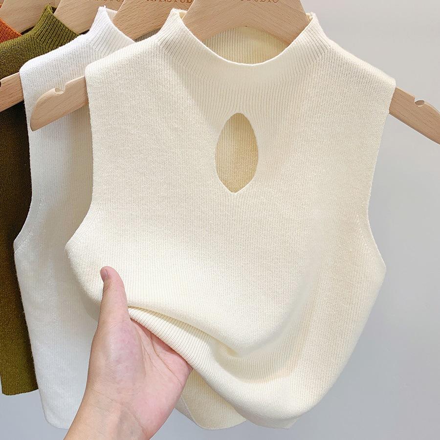 

Трикотажный жилет с подтяжками и полуворотником для женщин с внутренней рубашкой на лето, новый стиль, короткий топ-свитер One size