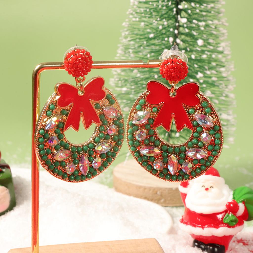 Christmas simple fashion drop oil red bow rice bead zircon geometric niche versatile earrings