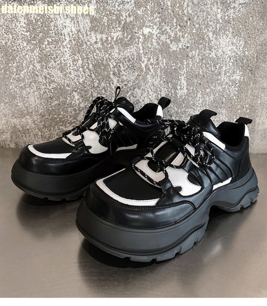 2025 New Thick Sole Daddy Shoes Men's Heightened Wide Toe Leather Clunck Sneaker Black/white Mixed Color Lace Up Casual Shoes