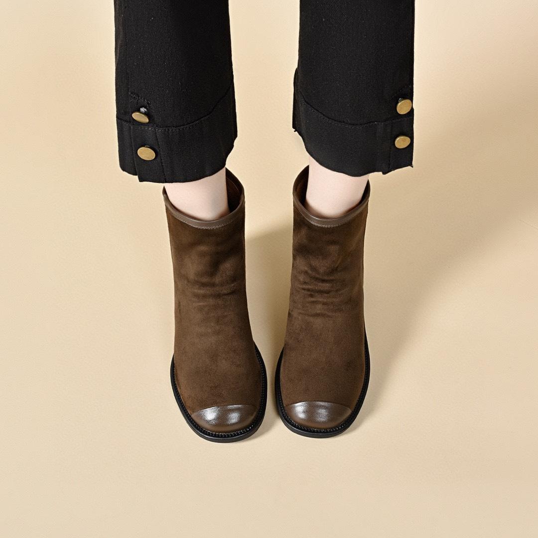 

2025 осень и зима новые замшевые ботильоны с квадратным носком женские на толстом каблуке с задней молнией ботинки Мартин в британском стиле тонкие эластичные носки-ботинки 40 светло-коричневого