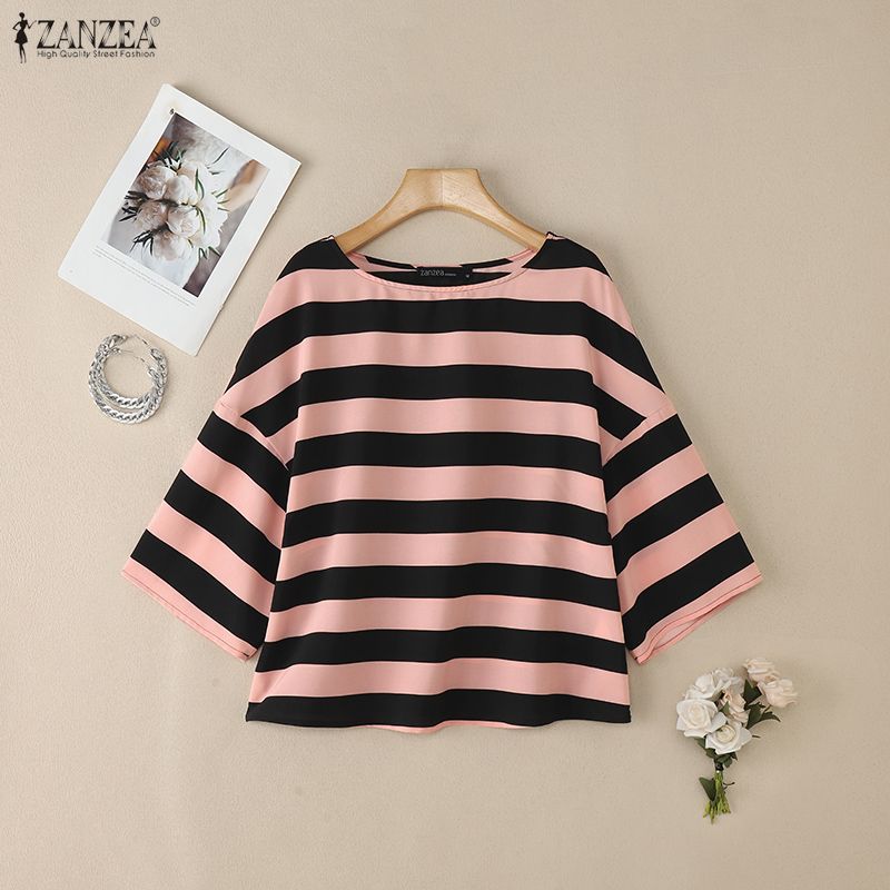 ZANZEA Dámská ležérní halenka s kulatým výstřihem a 3/4 rukávem s volným pruhem