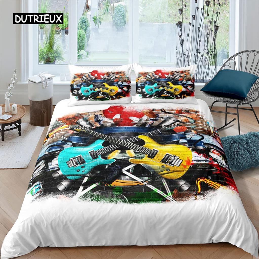 

Пододеяльник с рок-музыкой King Jazz Music Комплект постельного белья для подростков Хип-хоп Граффити Одеяло Чехол Ноты Полиэстеровый пододеяльник EU single(135x200cm)