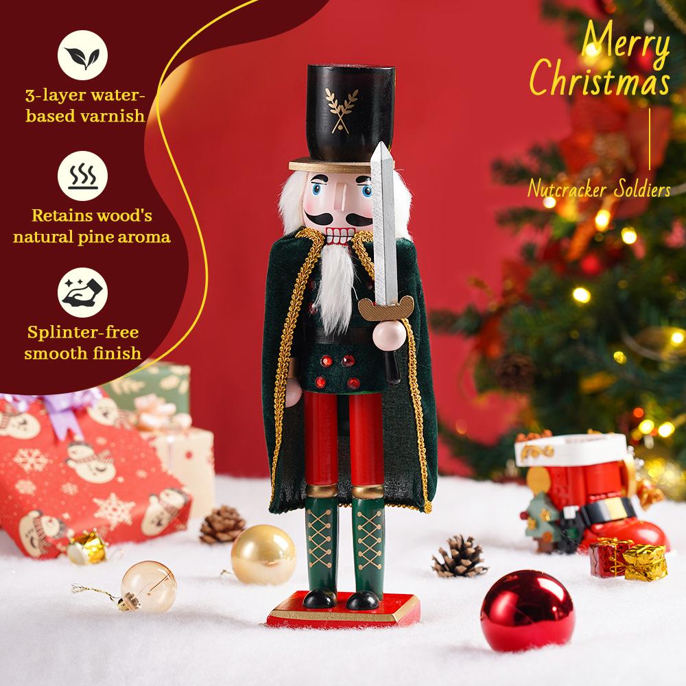 38CM King Nutcracker Soldier with Cloak Wooden Puppet Christmas Decor Holiday Gift Home Office Decoration Festive Statue
