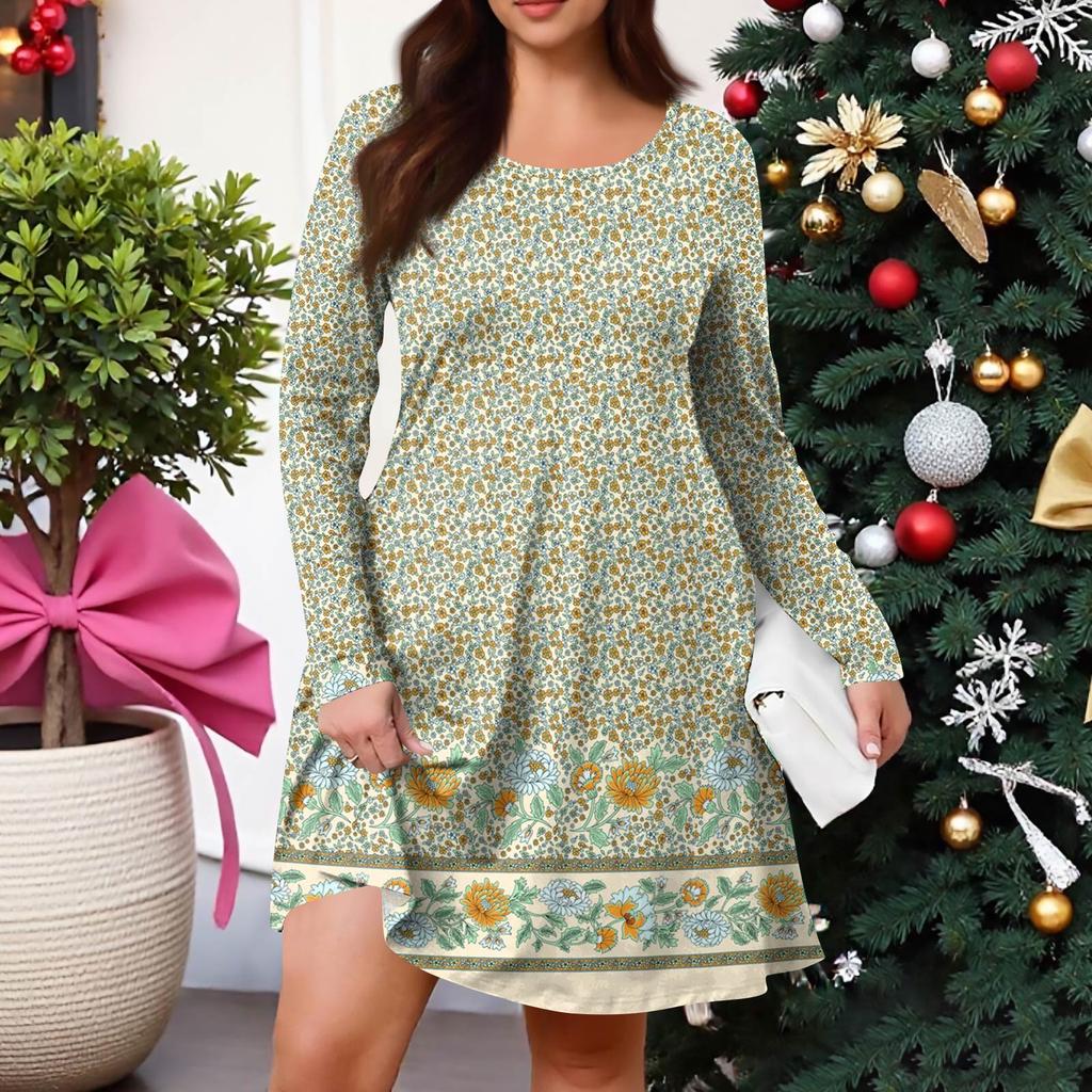 Plus Size Dame Gradienttrykk Casual Vår/Høst Lomme Rund Hals Langermet Kjole