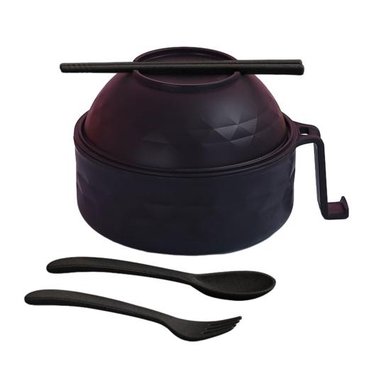 

Миска для локшини з кришкою та ручками, двошарова термоізольована, для мікрохвильової печі, набір мисок для рамену з паличками, ложкою, виделкою, портативний ланч-бокс для офісу, подорожей чорний