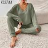 Women's Fashion Casual Spring Fall Solid Color Print Long Sleeve V-Neck Trousers Pants Suits