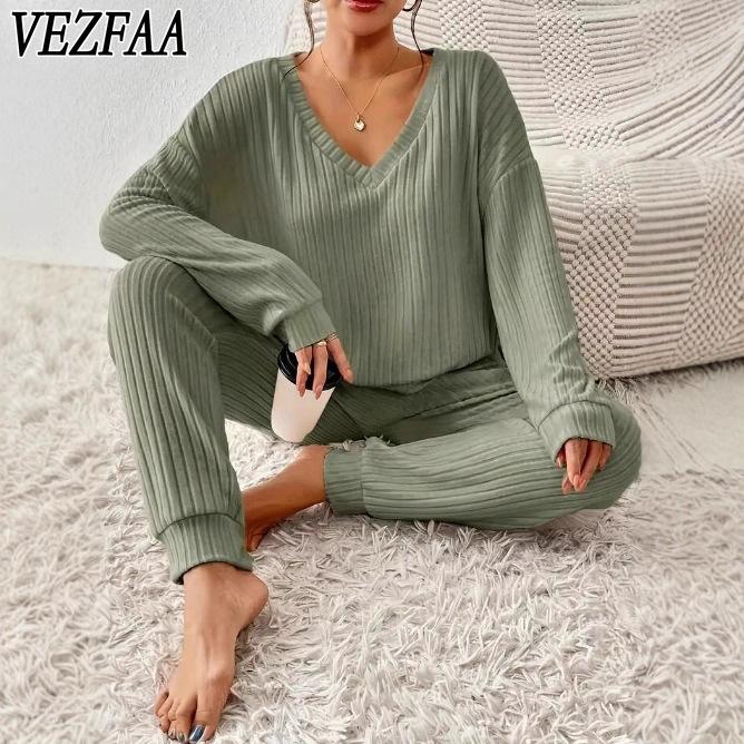 VEZFAA Women's Fashion Casual Spring Fall Solid Color Print Long Sleeve V-Neck Trousers Pants Suits