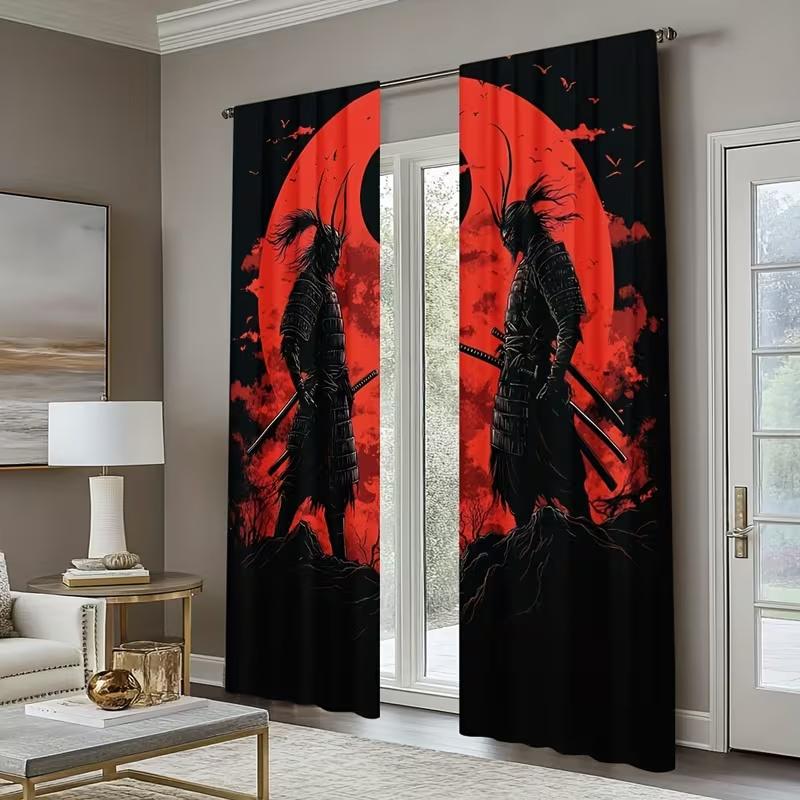 2 Pcs Japanese samurai print curtains,suitable for bedroom,living room kitchen decoration,home decoration,window decoration