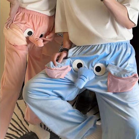 Calças de pijama com estampa de elefante de desenho animado, pernas largas, design feminino, masculino, calças de salão, cós elástico, cintura média, calças de pijama