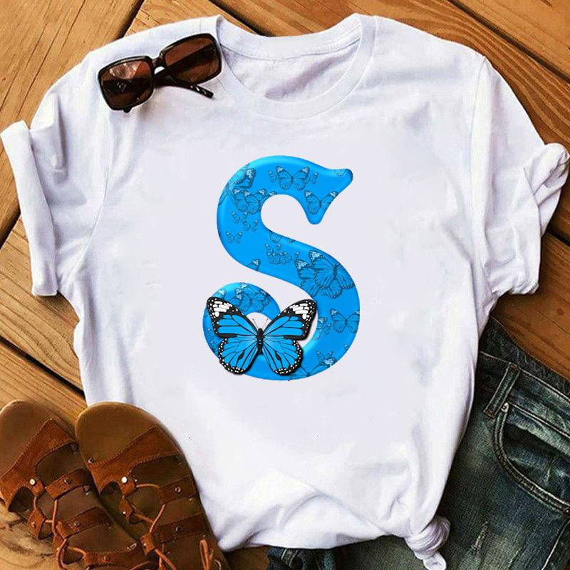26 English Letters Butterfly Print T-shirts Name Letter Printed Top Fashionable Casual Round Neck Short Sleeved Women's Pure Cotton T-shirts
