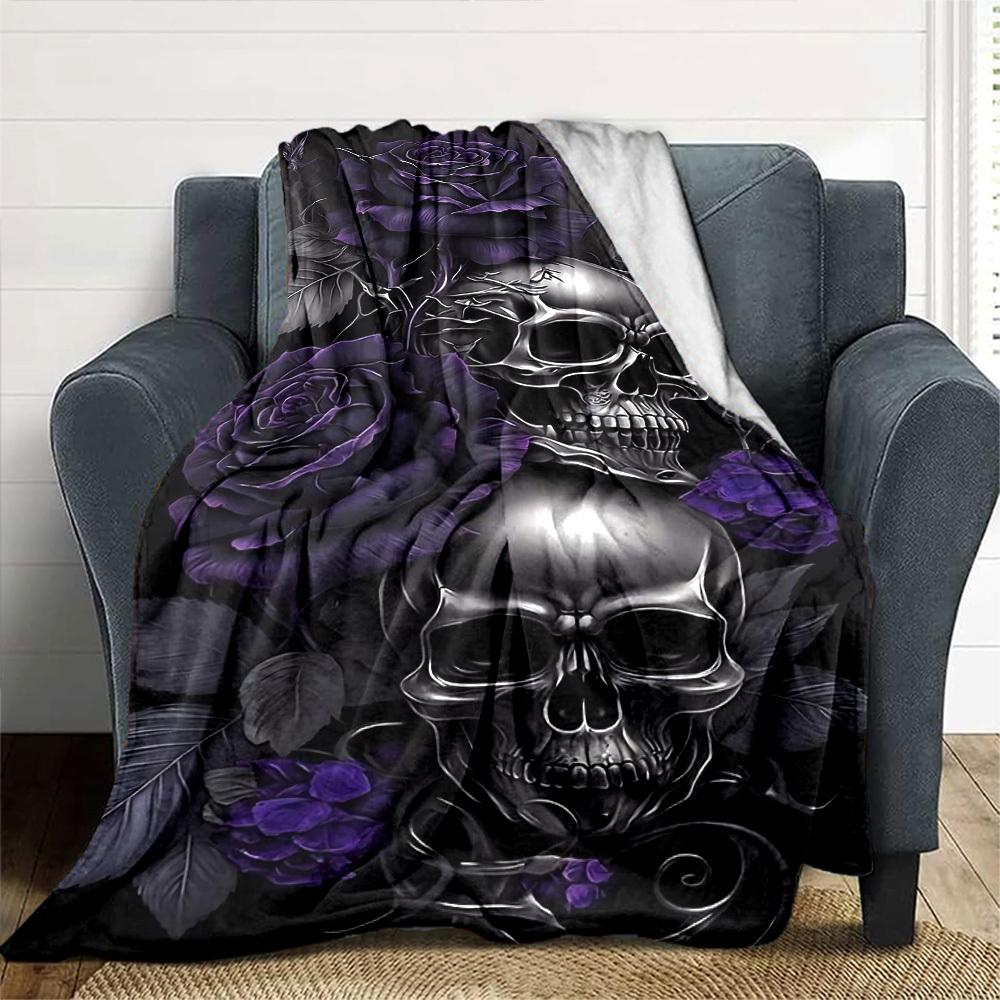 1pc Skull Purple_rose Soft Warm Throw Blanket Nap Blanket For Couch Sofa Office Bed Camping Travel,Comfortable