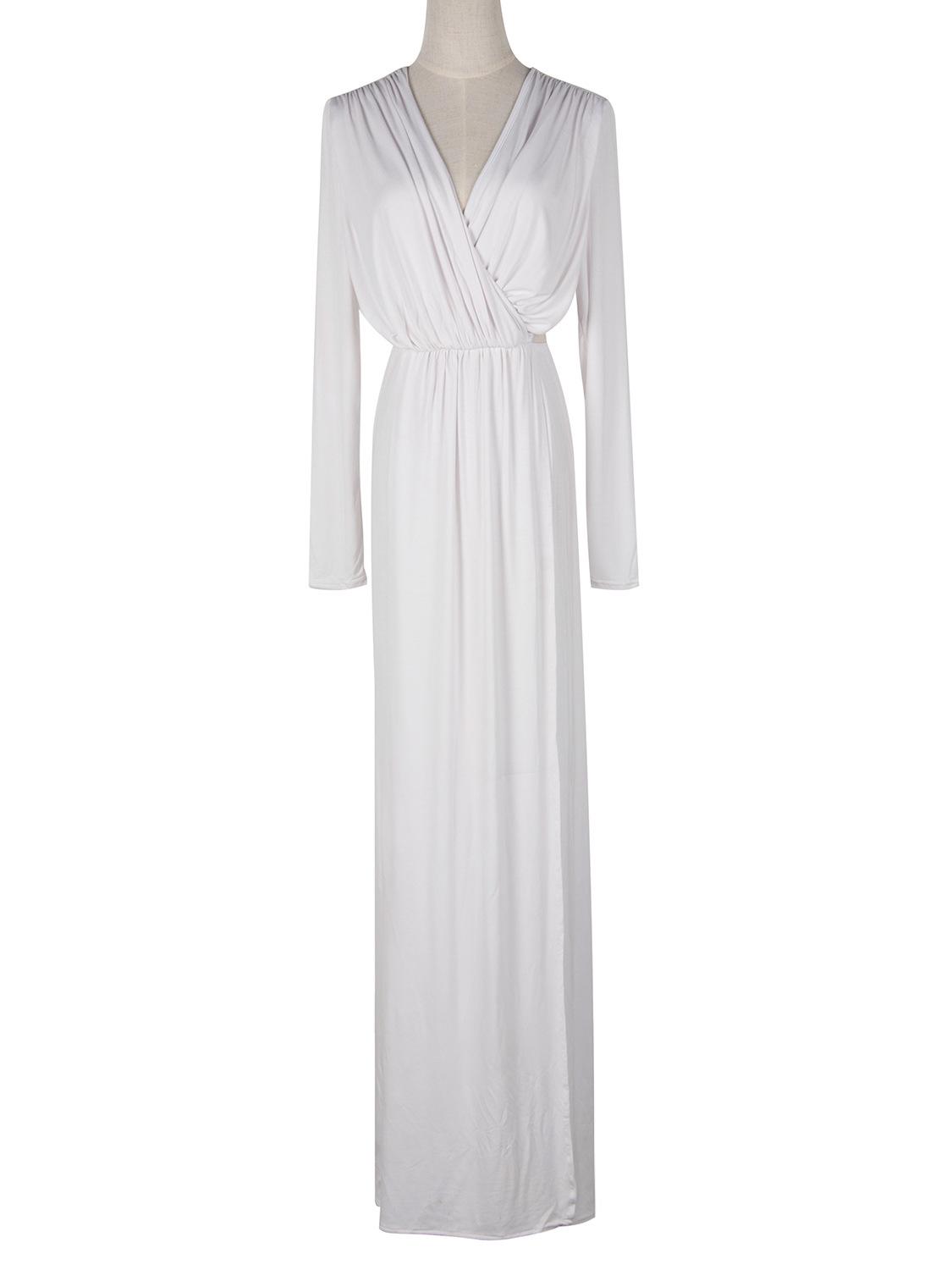 Popular, deep V-neck waist hollow long-sleeved split dress sexy dress dress 4 белый
